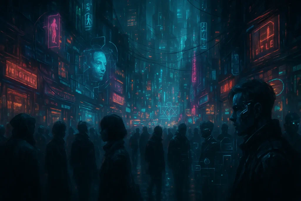 Ciudad cyberpunk futurista de noche con luces de neón, rascacielos tecnológicos y personas caminando por calles oscuras. Imagen digital de ambiente urbano moderno con estilo ciencia ficción y estética tecnológica.