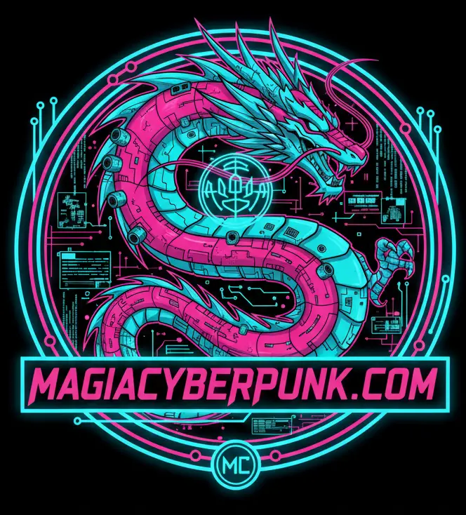 Logo circular de neón para MAGIACYBERPUNK.COM. Muestra un dragón estilizado, un libro abierto y circuitos electrónicos en colores azul cian y magenta, en un diseño ciberpunk y mágico.