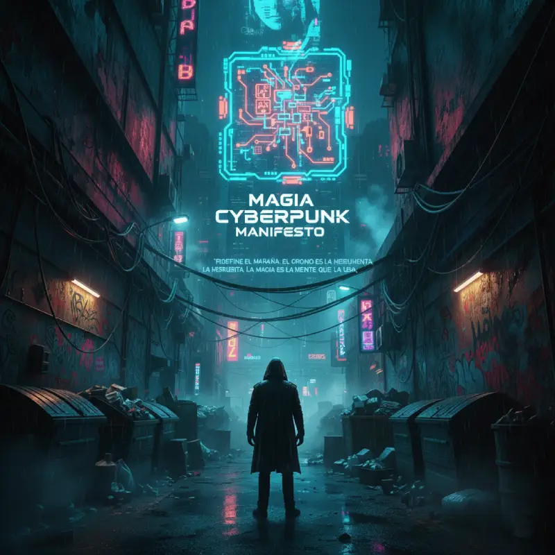 Manifiesto Magia Cyberpunk: Figura en callejón futurista.