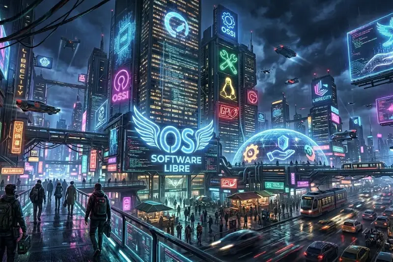 Ciudad digital con personas transitando y edificios representando empresas de software libre