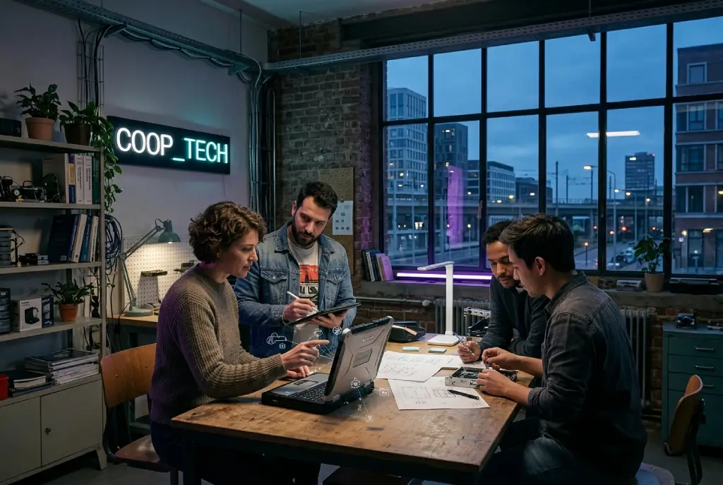 Personas colaborando en un espacio tecnológico para desarrollar software libre mediante un modelo cooperativo.