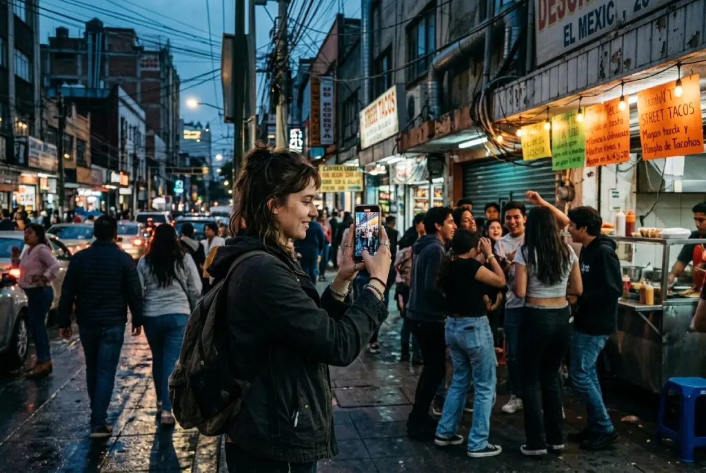 Una joven con mochila sostiene su smartphone para capturar una escena nocturna y animada en una calle concurrida, donde un grupo de personas se reúne frente a un puesto de comida callejera iluminado.