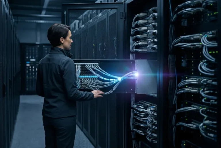 Sala de servidores con un operador en una infraestructura tecnológica que representa el papel de Linux en internet.