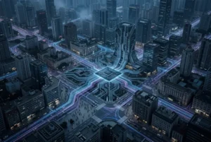 Ecosistema tecnológico que integra inteligencia artificial, datos, software y sociedad en la vida cotidiana.