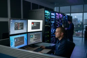Administrador de sistemas gestionando servidores con múltiples distribuciones de Linux como Debian, Red Hat, Fedora y Arch en un entorno de TI gubernamental.