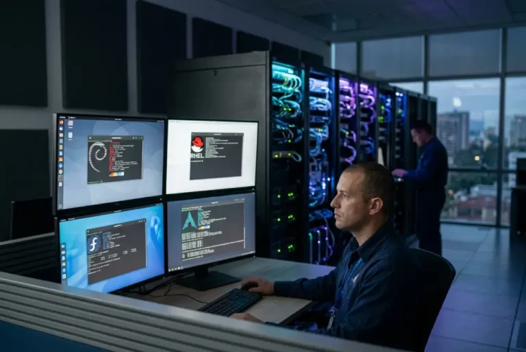 Administrador de sistemas gestionando servidores con múltiples distribuciones de Linux como Debian, Red Hat, Fedora y Arch en un entorno de TI gubernamental.
