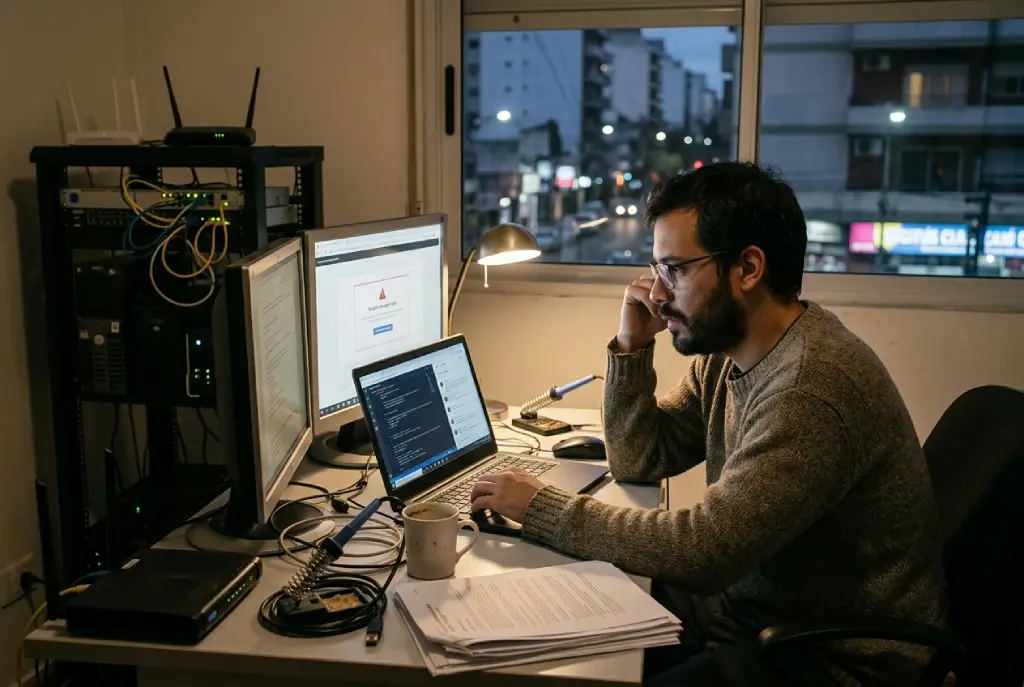 Hombre trabajando en un escritorio con múltiples monitores y equipo técnico, con una alerta de advertencia roja en pantalla.