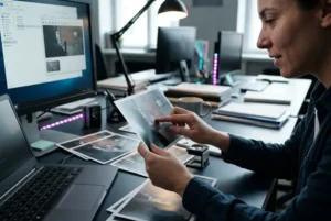 Profesional trabajando en un escritorio moderno con múltiples pantallas, ordenador portátil Dell y material de oficina.