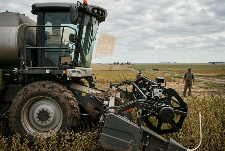 Fotografía editorial de una cosechadora moderna con sensores integrados trabajando en un campo de soja, mientras un productor observa al fondo bajo un cielo nublado.