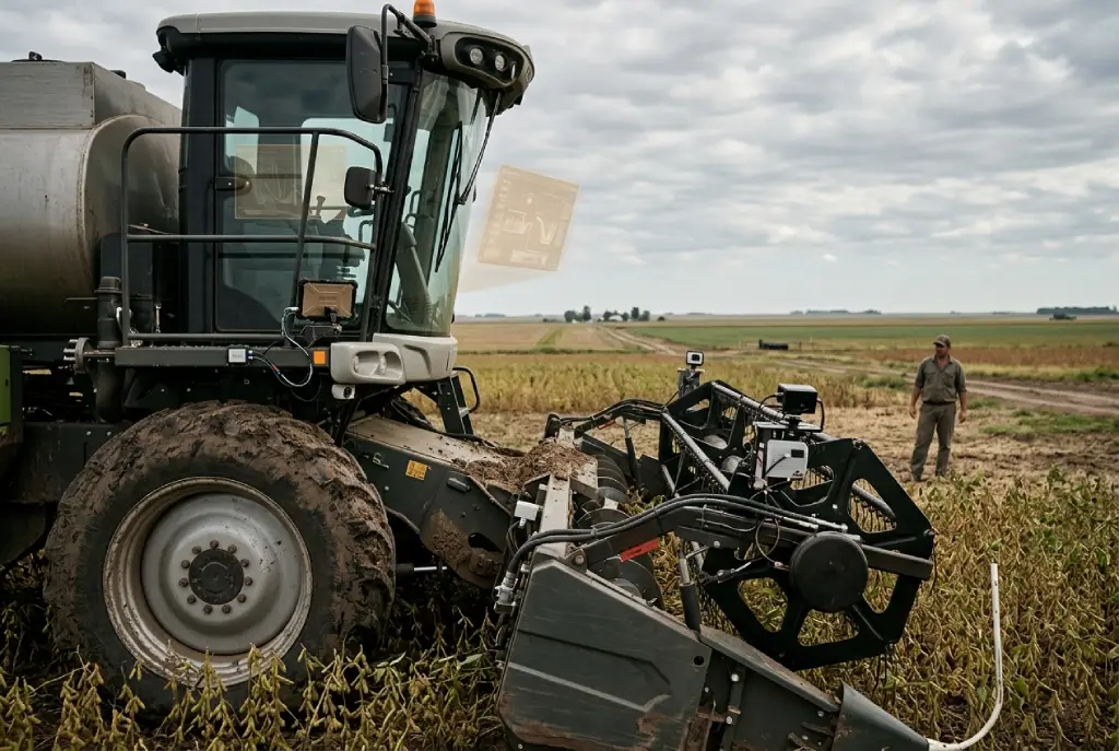 Fotografía editorial de una cosechadora moderna con sensores integrados trabajando en un campo de soja, mientras un productor observa al fondo bajo un cielo nublado.