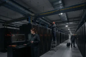 Técnica de Red Hat revisando cables con tableta en centro de datos; compañero en escalera con orejeras de seguridad.