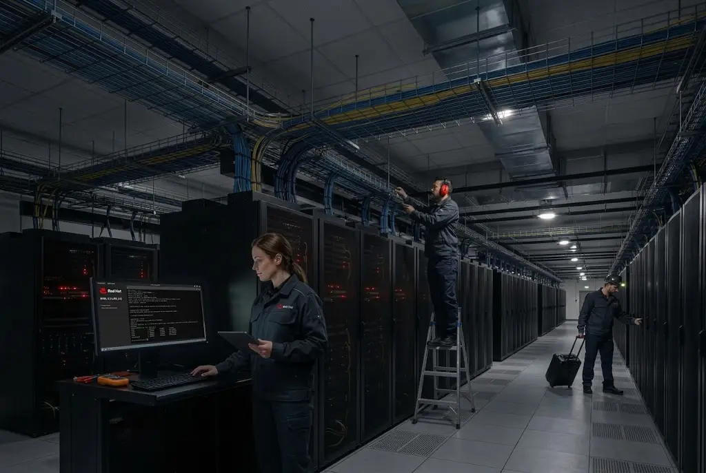 Técnica de Red Hat revisando cables con tableta en centro de datos; compañero en escalera con orejeras de seguridad.