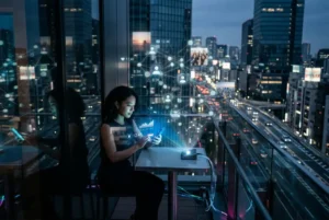 Mujer utilizando su teléfono móvil en el balcón de un edificio moderno durante el atardecer, rodeada por una red conceptual de datos y perfiles digitales.