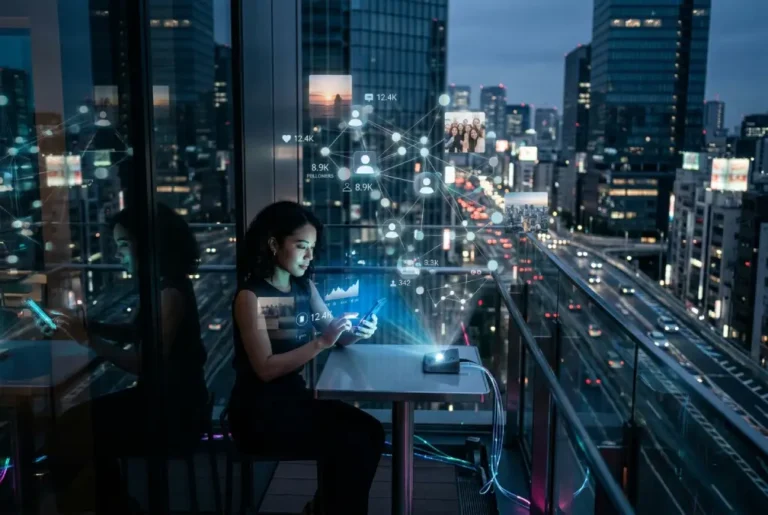 Mujer utilizando su teléfono móvil en el balcón de un edificio moderno durante el atardecer, rodeada por una red conceptual de datos y perfiles digitales.