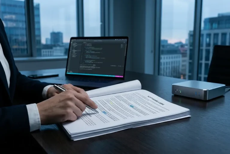 Fotografía editorial de un profesional revisando contratos legales sobre software libre en un escritorio de oficina con un portátil que muestra código fuente al fondo.
