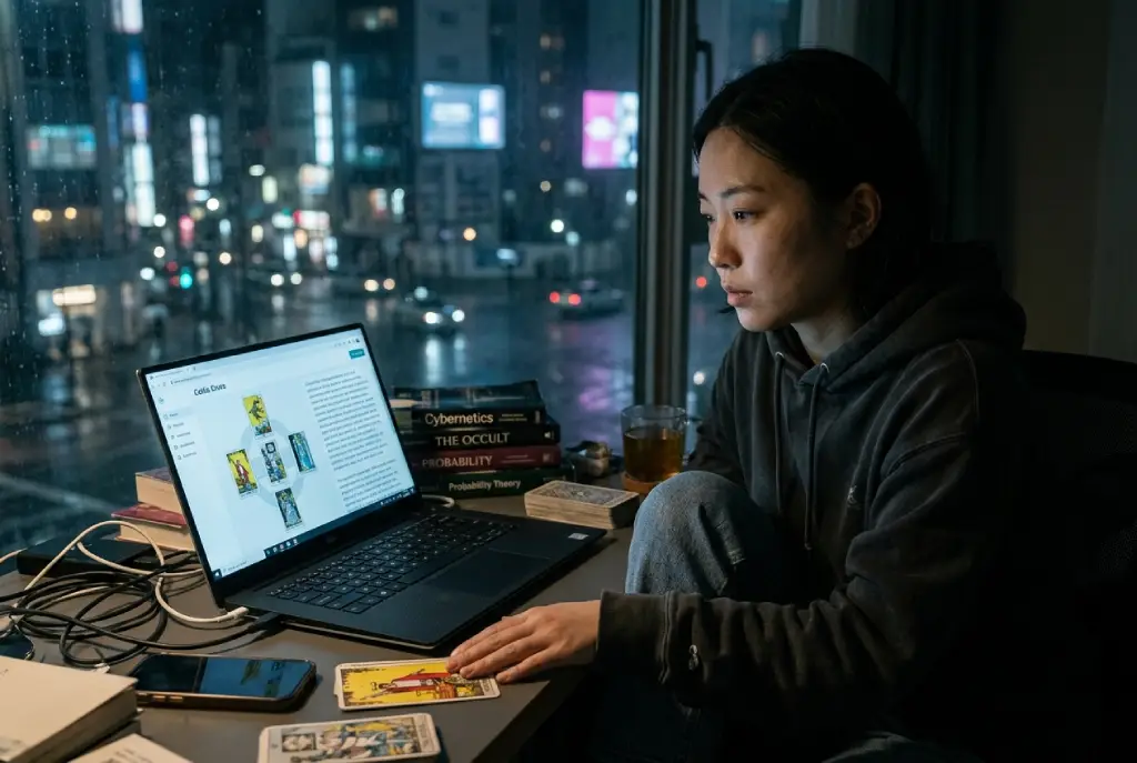 Persona analizando una lectura de tarot generada por inteligencia artificial en su ordenador portátil.