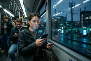 Pasajera en un transporte público utilizando su teléfono móvil con iluminación fría y tonos azules de fondo.
