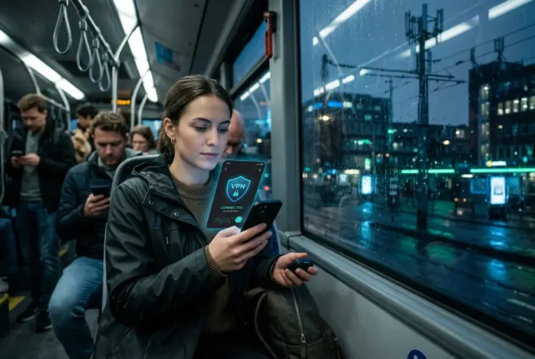 Pasajera en un transporte público utilizando su teléfono móvil con iluminación fría y tonos azules de fondo.